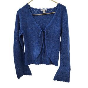 Open Knit Blue Crochet Tie Front Bell Sleeve Sweater Boho Size Small Chinelle